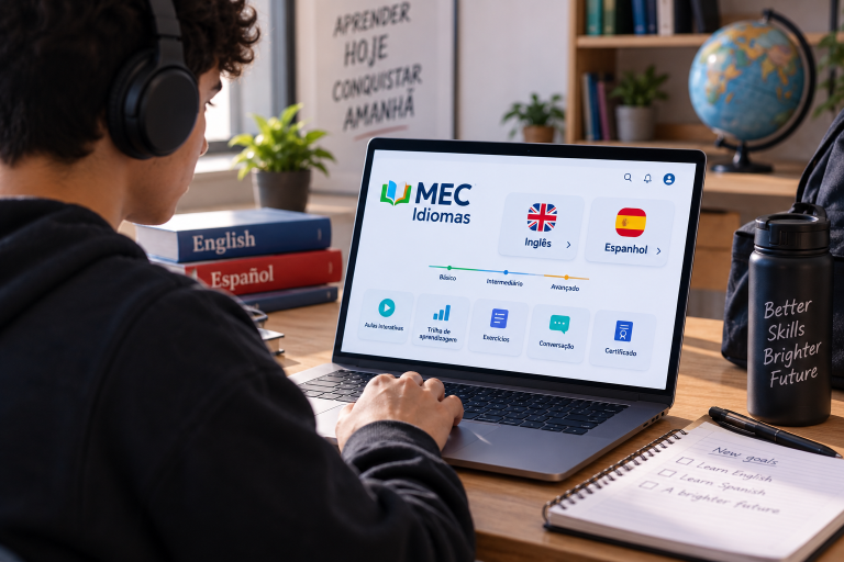 Estudante usando um notebook com a plataforma MEC Idiomas