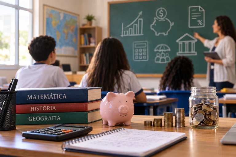 Aula de educação financeira com cofrinho e livros sobre a mesa