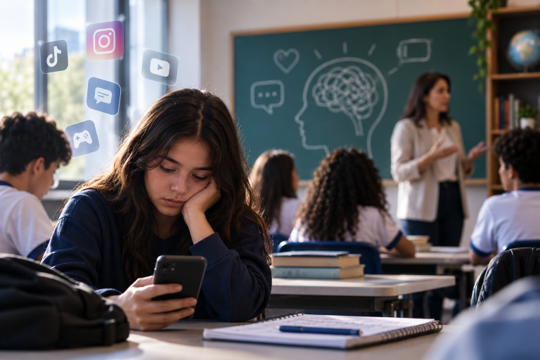 Estudante cansada olhando o celular em sala de aula, com ícones de redes sociais ao fundo